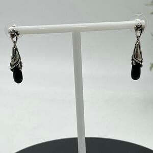 White Gold Posts black dangle earrings Silver tone caps
